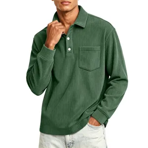 Detailed view of mens corduroy long sleeve polo shirt, lapel collar, chest pocket and buttons.