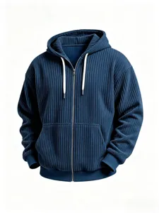 Close-up of the dark blue corduroy zipped hoodie featuring textured vertical stripes and soft fabric.