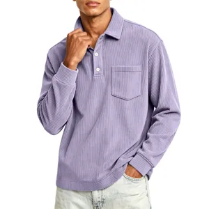 Men's Autumn Corduroy Long Sleeve Polo Shirt Casual Lapel Top with Chest Pocket Fashion