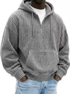 Felpa con Cappuccio da Uomo in Velluto a Coste Pesante Tinta Unita Casual Larga con Mezza Zip Pullover con Tasca a Marsupio