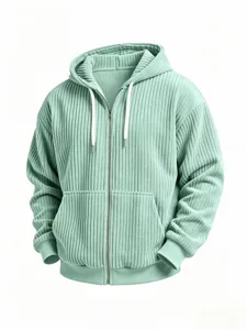 Men's corduroy zip-up hooded sweatshirt casual solid color loose fit jacket with pockets