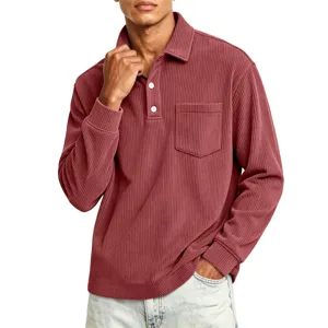 Men's corduroy long sleeve polo shirt detail showing collar, buttons, and chest pocket.