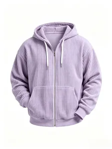 Close-up detail of purple corduroy fabric, metal zipper, and white drawstring on hooded jacket.