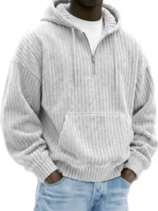 Felpa Uomo con Cappuccio in Corduroy Mezza Zip Casuale Stile Largo Maniche Grigio