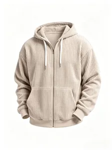 Men corduroy zip hoodie detail view, casual loose fit textured outerwear, beige autumn wear.