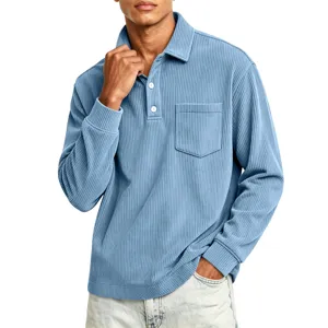 Detailed view of men's corduroy long-sleeve polo shirt featuring a classic lapel and chest pocket.