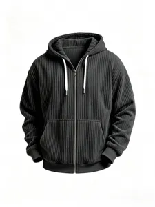 Detailed view of dark grey corduroy zip hoodie texture, hooded sweatshirt fabric close-up.