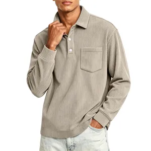 Men's corduroy long sleeve polo shirt detail view, classic lapel and chest pocket design.