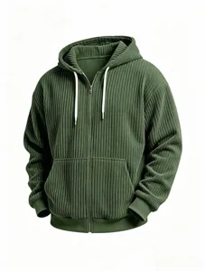 Men's dark green corduroy zip-up hoodie with hood, white drawstrings, and casual loose fit.