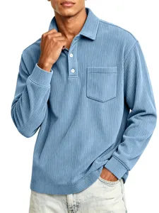 Men's light blue corduroy long sleeve polo shirt with lapel and pocket for autumn style.