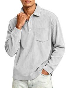 Men's Corduroy Long Sleeve Polo Shirt Casual Lapel Button Down Top with Pocket for Autumn