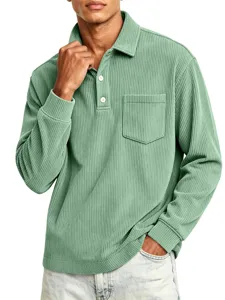 Men's corduroy long sleeve polo shirt casual lapel button down top in mint green color.