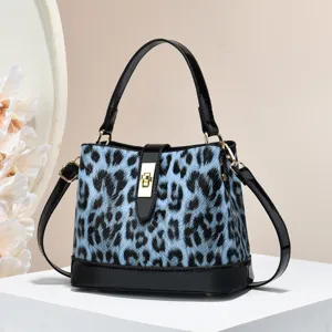 Chic blue leopard print women handbag with patent leather trim chic shoulder bag