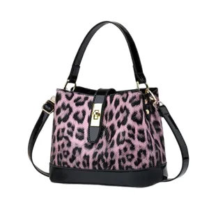 Pink leopard print handbag stylish PU leather shoulder crossbody bag with gold lock