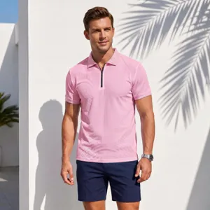 Men's short sleeve half-zipper polo shirt summer casual slim fit business athletic top apparel.
