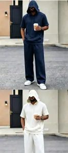 Men casual short sleeve hooded tracksuit summer linen loose outfit comfortable set