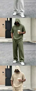 Men casual short sleeve hoodie and pants set details, comfortable fabric, stylish daily streetwear.