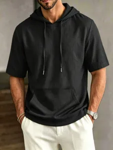 Men's short sleeve hooded t-shirt solid color casual loose streetwear summer top stylish apparel
