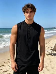 Men's black sleeveless Henley tank top, casual summer athletic cotton top for men.