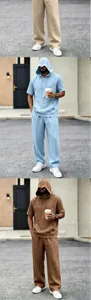 Men casual cotton linen tracksuit summer short sleeve hoodie and loose long pants set