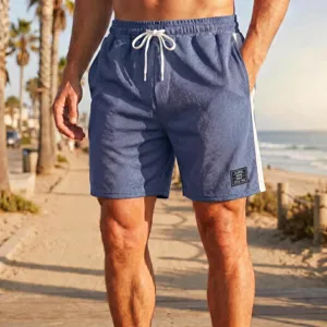 Pantaloncini da spiaggia casual da uomo in rete con coulisse, vita elastica e strisce laterali.