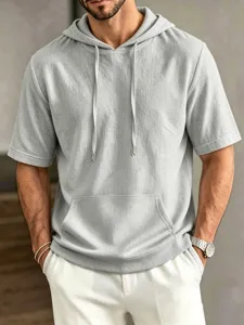 Men's casual short sleeve hooded t-shirt, solid color streetwear pullover top for summer.