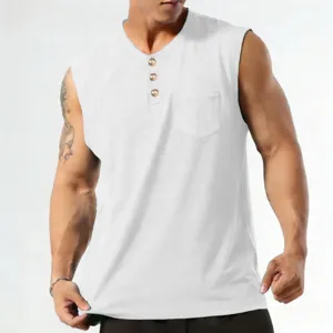 Men's summer casual sleeveless henley tank top with buttons and chest pocket solid color.