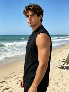 Men's casual sleeveless button tank top, breathable summer beach style apparel detail view.