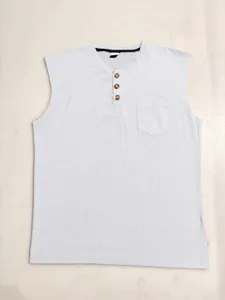 Close-up of a light grey men's sleeveless henley tank top featuring buttons and chest pocket.