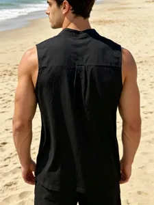 Men's casual black sleeveless linen vest, perfect for summer beach and daily wear.