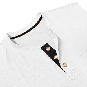 Men's casual top collar detail shot featuring contrasting black placket and wooden buttons.