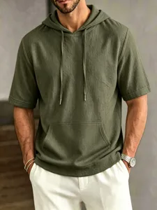 Men's solid color short sleeve hooded sweatshirt with front pocket and adjustable drawstring.