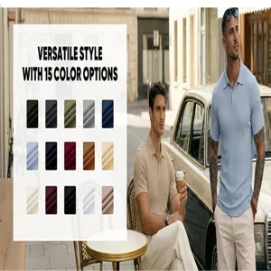 Summer casual knit polo shirt detail showing versatile style and color options swatch grid.