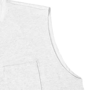 Close up detail of mens grey heather sleeveless tank top pocket and neat armhole stitch.