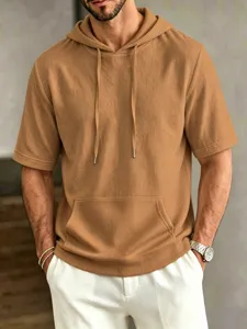 Men's solid color short sleeve hooded t-shirt casual loose pullover top for daily wear