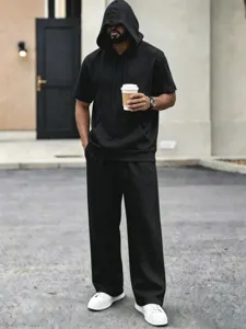 Men casual short sleeve hoodie tracksuit summer loose cotton linen athletic outfit streetwear.