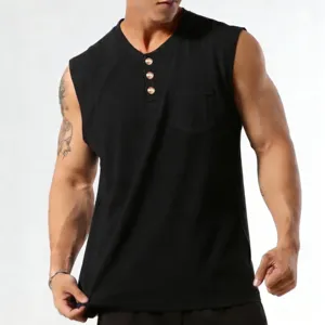 Men black sleeveless tank top detail, button front design and chest pocket for summer casual.