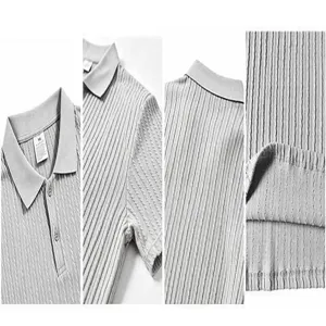 Close-up details of men's knit polo shirt, showing collar, buttons, and textured jacquard fabric.