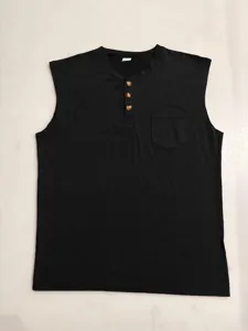 Men's casual sleeveless solid color henley tank top detail view with buttons and chest pocket.