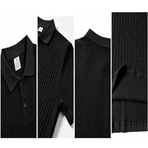 Men's black knit short sleeve polo shirt featuring a classic lapel collar and casual textured design.