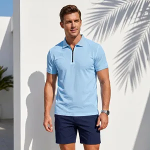 Men's casual short sleeve polo shirt with half zipper, summer breathable knit top for daily wear.