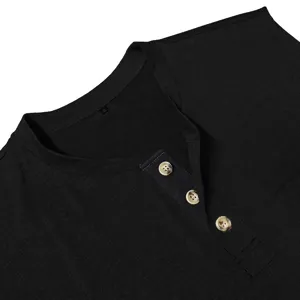 Closeup of men's black sleeveless top featuring button placket detail and collar tag.