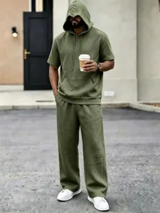 Men summer linen casual hooded short sleeve tracksuit loose fit olive green sportswear set
