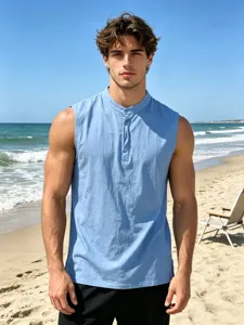 Men's casual linen sleeveless tank top for summer beach crewneck button vest shirt.