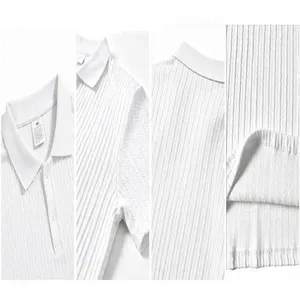 Men white knit short sleeve polo shirt casual jacquard minimalist summer commute top