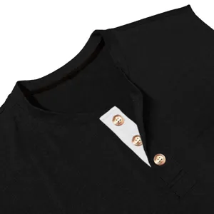 Men's casual summer sleeveless solid color tank top detailed view featuring a contrast button placket.
