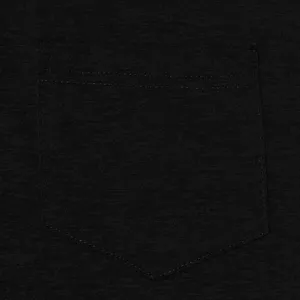 Black men's shirt chest pocket detail close-up, showing fine stitching and solid fabric texture.