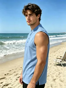 Men's light blue sleeveless buttoned linen tank top detail shot for summer casual beach wear.