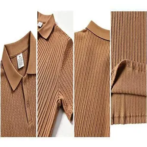 Men's brown knitted polo shirt detail, short sleeve knitwear with classic collar and buttons.