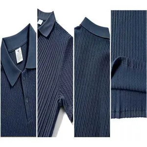 Detailed view of men's knit short sleeve polo shirt collar and jacquard texture fabric.